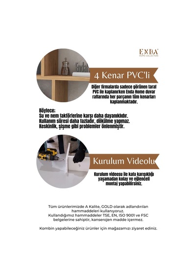 Enda Home 5 Bölmeli Duvar Rafı, Mutfak Rafı, Oturma Odası Rafı Atlantik Çam