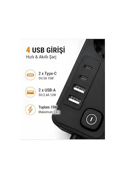 Akım Korumalı 5 Li Priz 2xusb 2xtype-c Çıkış Akım Koruma Çoklu Priz Çoğaltıcı Anahtarlı Ftr-31 Siyah