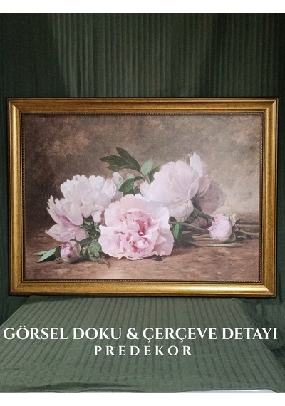 Klasik Gold Çerçeveli Pembe Şakayık Çiçekleri Tablo Lüks Salon Oturma Odası Duvar Dekoru 80x60 Cm