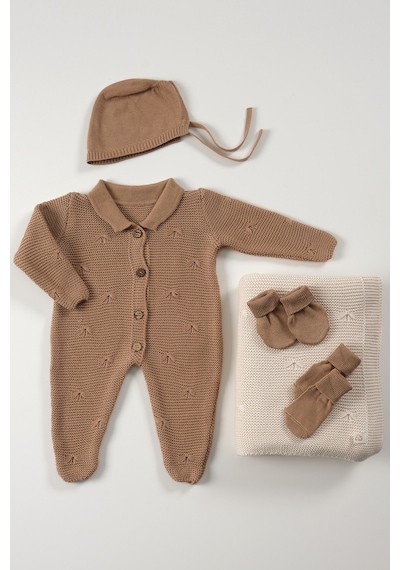 Tinylamb Triko Yenidoğan Kahverengi Mini Set 5 Parça Premium Bebek Seti Kahverengi