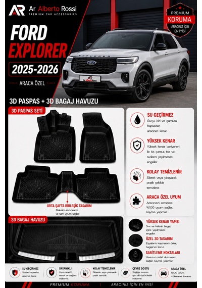 Ford Explorer 2025-2026 Araca Özel 3d Paspas + 3d Bagaj Havuzu