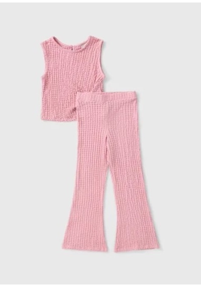 Kız Çocuk Pembe Kolsuz Bluz İspanyol Paça Pantolon Bürümcük Kumaş Takım, Kız Çocuk Takım Pembe