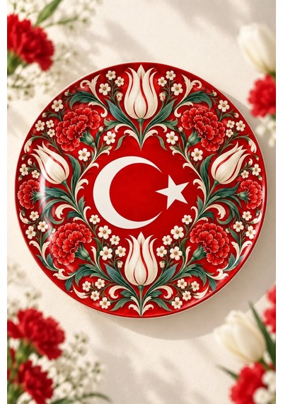 Dekoratif Duvar Tabağı Al Bayrak Zarafeti Dekorlu Seramik Tabak Beyaz