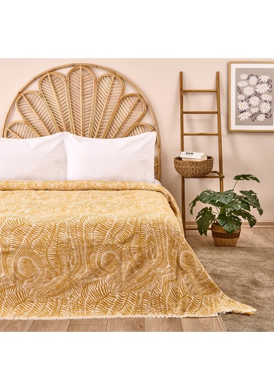 Soft Yaprak Desenli Çift Kişilik Yatak Örtüsü - Sarı - 225x250 Cm Renkli