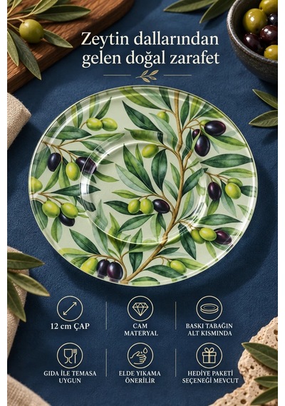 6 Lı Cam Çay Tabağı Doğal Zeytin Dalı Desenli 12 Cm 6 Adet Çay Tabak Yeşil