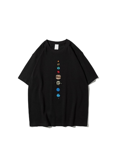 Startmore Unisex Beyaz 9 Gezegen Baskılı Oversize Bisiklet Yaka Tshirt Siyah