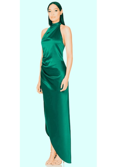 Hanife Glam Couture Hanife Glam Halter Yaka Asetat Saten Elbise Zümrüt