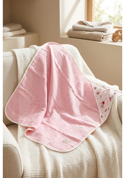 Pembe 4 Kat Müslin Çok Amaçlı Bebek Banyo Bornozu 85x85 Cm Açık Pembe