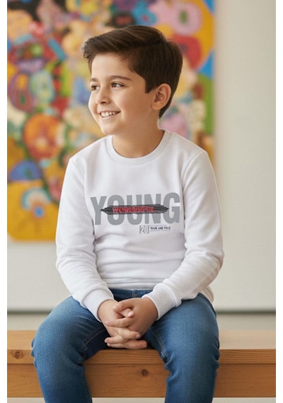 Breeze Erkek Çocuk Sweatshirt Yazı Baskılı 8-14 Yaş, Beyaz Beyaz