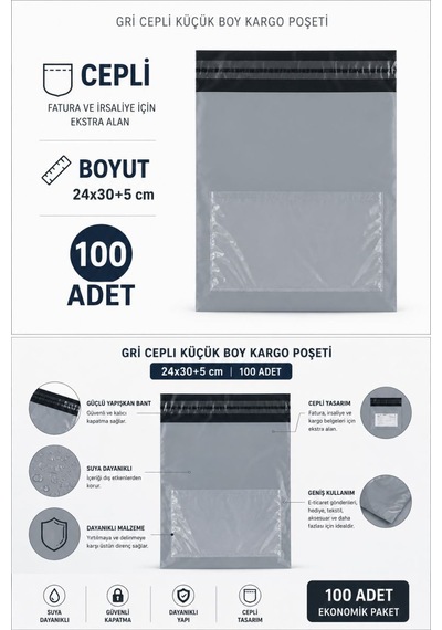 Gri Cepli Küçük Boy Kargo Poşeti 24x30+5 Cm 100 Adet Çok Renkli