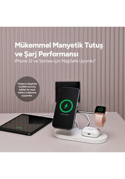 Ttec Aircharger Quattro M Magsafe Uyumlu iPhone - Apple Watch - Airpods LED Kablosuz Hızlı Şarj Standı Beyaz