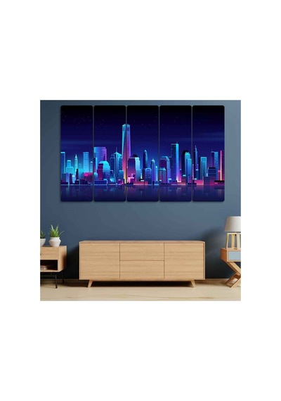 Gökdelenler Neon Soyut Çizim - 5 Parçalı Tablo Görsel - 702503570 Görsel