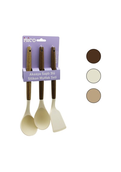 5 Adet Silikon Mutfak Seti Ahşap Akasya Saplı Renkli Silikon Uçlu 30 Cm Kepçe Kaşık Spatula Kitchen Utensils Spoon