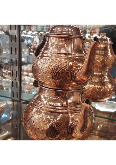 Bakır Çaydanlık El Işlemesi Dövmesi Nakışlı Gümüş Bakır Çaydanlık Bakır