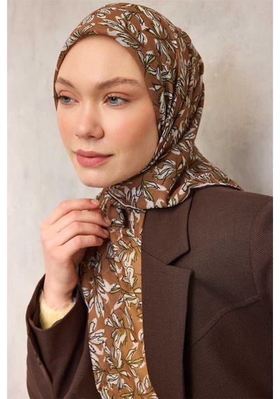 Silk Home Pamuk Polyester Soft Eşarp Hardal Ton Çiçek Desenli Kaymaz Dokulu 90x90 Çok Renkli