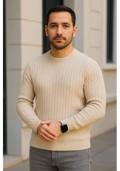 Efnaz Style Erkek Bisiklet Yuvarlak Yaka Triko Kazak Pamuklu Kalın Fitilli Dokuma, Regular Fit Uzun Kollu Kışlık Model - Bej