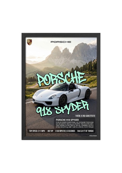 Porsche 918 Spyder Siyah Ahşap Çerçeveli Poster, Dekoratif Araba Duvar Tablosu