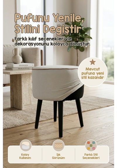 Yıkanabilir Puf Tabure Kılıfı Tak-Çıkar-Değiştir-Yenile Orta Sehpa Kılıfı 40x22 Meek Gri