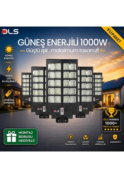 5'li Paket Dls 1000w Güneş Enerjili Solar Sokak Lambası Hareket Sensörlü Led Bahçe Aydınlatması
