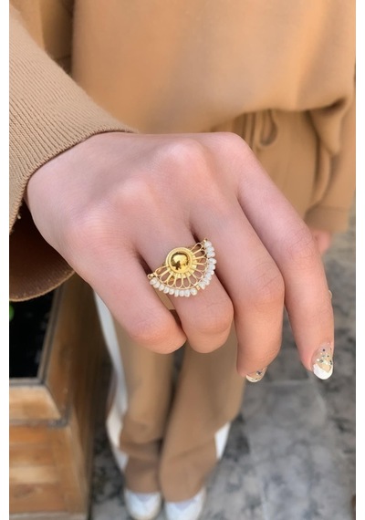 14 Ayar Altın İncili Yelpaze Model Yüzük Sarı Altın