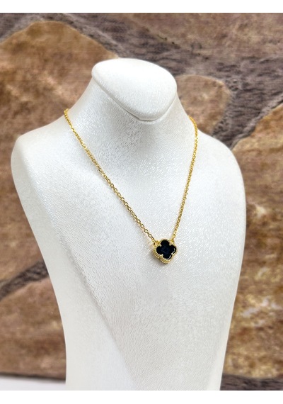 Gold Renk Siyah Onix Taşlı Yonca Kadın Gümüş Kolye - Onix Kolye Gümüş