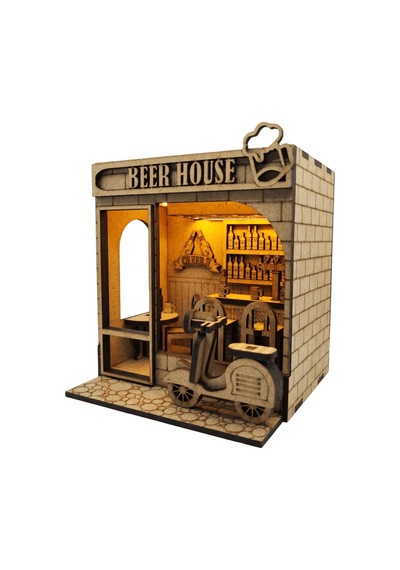 Algwooddesign Beer House Ahşap Maket, 89 Parça Dıy Minyatür Bar Modeli, Peri Led Dahil, Mdf 3d Puzzle, Hobi Ve Dekorasyon Seti, 10 X 9 X 11 Cm