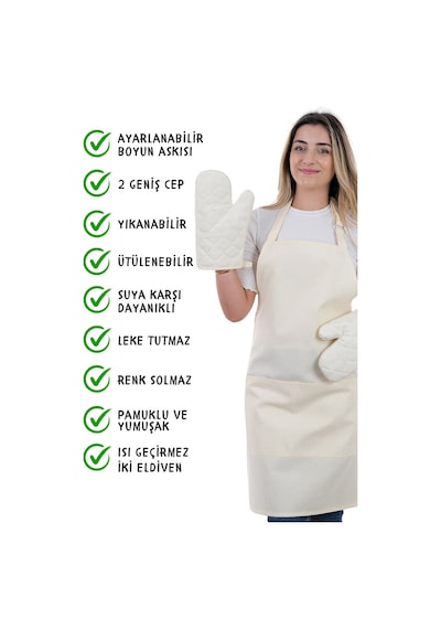 Simple 3lü Set Ayar Askılı Cepli Mutfak Önlüğü Seti 2 Eldiven Şef Garson Kafe Aşçı Barista Bej