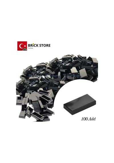 Yedek Parçalar, 100 Adet 1x2 Tile Düz Fayans Parçası, Siyah Black , 3069