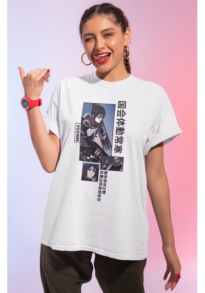 Sevbano Tasarım Mikasa Ackerman Baskılı Unisex Oversize Attack On Titan A Beyaz