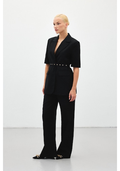 Sateen Bol Paça Keten Pantolon - Siyah-136411 Siyah