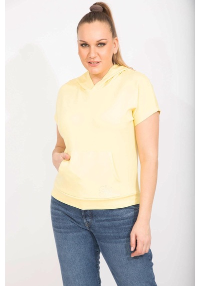 Şans Kadın Sarı Büyük Beden Kapşonlu Kanguru Cepli Kısa Kollu Sweatshirt 65n35613-sarı Sarı