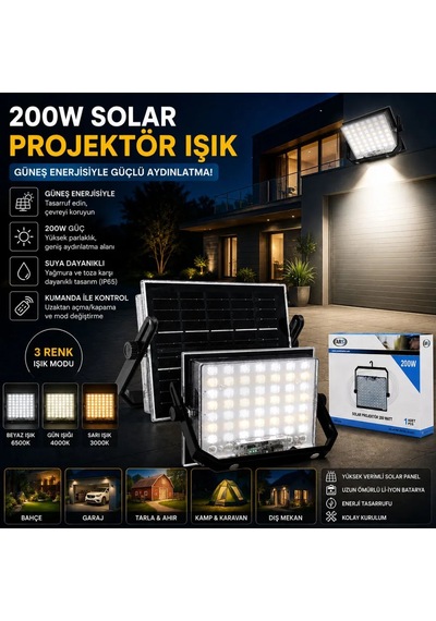 Jenerik 200w Güneş Enerjili Led Projektör - Kamp & Dış Mekan