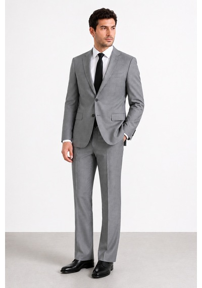 Bihan Store Erkek 6 Drop Slim Fit Yelekli Takım Elbise Çift Yırtmaç Altın Kuş Gözü - Gri