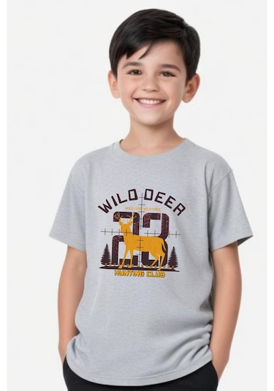 Panios Kids Hunting Club Baskılı Erkek Çocuk Yuvarlak Yaka Kısa Kollu T-shirt Gri