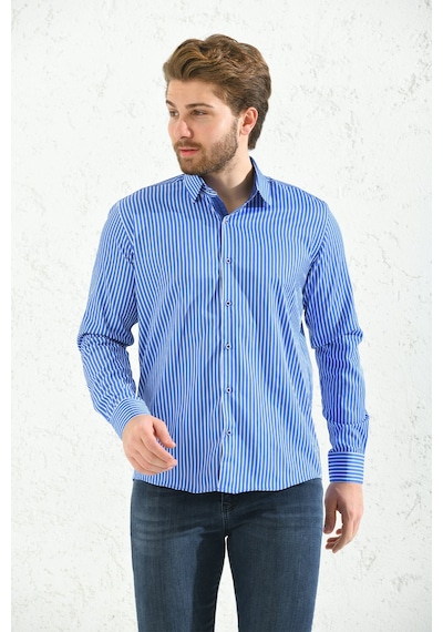 Erkek Slim Fit Uzun Kol Premium Kalın Çizgili Hediye Kutulu Gömle Saks