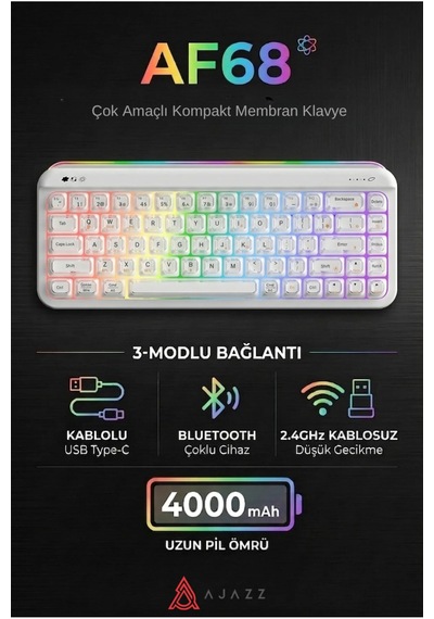 Af68 Kablosuz 3 Modlu Rgb Membran Klavye- Çift Katmanlı Tuş Kapağı-4.000 Mah Batarya