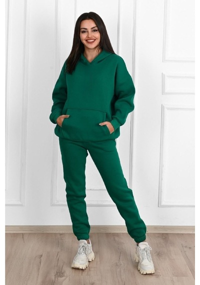 Düz Basic Eşofman Takımı Sweatshirt Jogger - Yeşil Oversize Şardonlu Kapüşonlu Yeşil