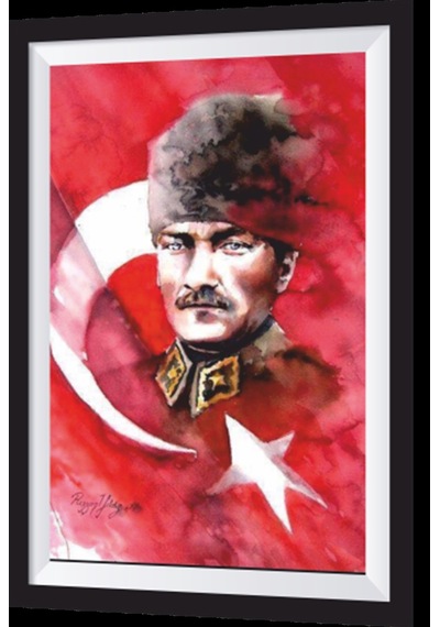 türk bayrağıyla atatürk sanatsal çerçeve görünümlü ahşap tablo