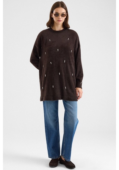 Olcay Taş Detaylı Soft Kumaş Oversize Triko Kazak Kahve 8290