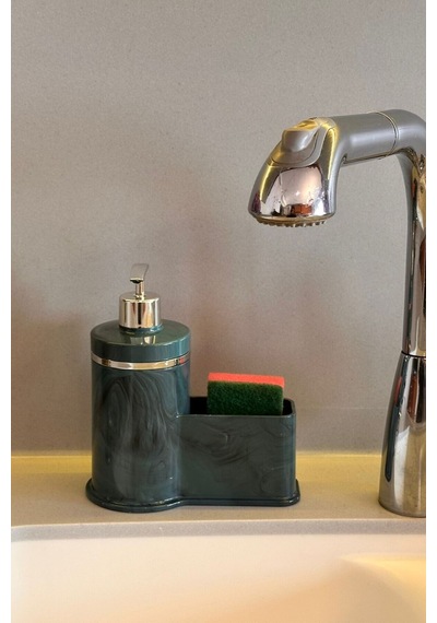 Makri Home Mutfak Veya Banyo İçin Şık Gümüş Detaylı Süngerlikli Sıvı Sabunluk , Yerli Üretim Yeşil