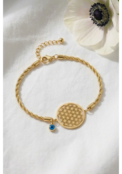 Valmont Accessories Yaşam Çiçeği Nazar Boncuklu 18+5 Cm Ayarlanabilir Altın Sarısı Kadın Çelik Bileklik