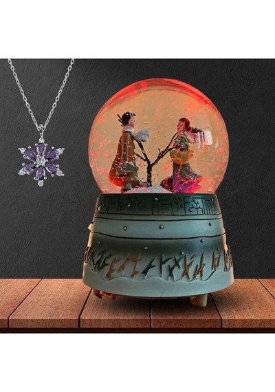 Romantik Buluşma Kış Masalı Işıklı Müzikli Kar Küresi Ve Lotus Çiçeği Kolye