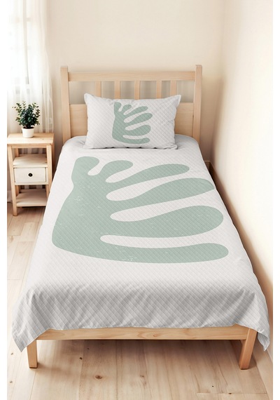 Minimal Yaprak Yeşil Genç Odası Tek Kişilik Pike Takımı - Modern 160x220 Cm Kapitone Yatak Örtüsü Gizli Tül Kırığı