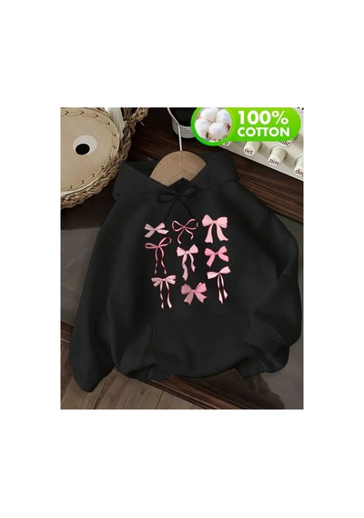 Herkesemoda Kurdeleler Baskı Detaylı İçi Polarlı Kapüşonlu Sweatshirt Siyah