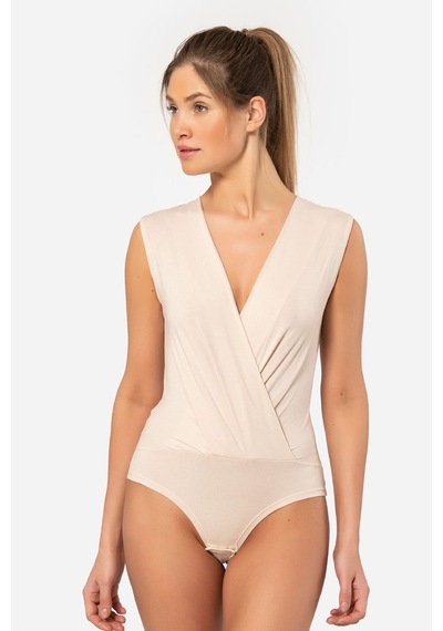 Türen Kruvaze Yaka Kolsuz Çitçitli Body 3502/bej