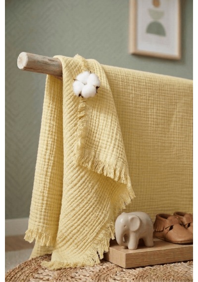 Müslin Püsküllü 4 Katlı Müslin Battaniye 90x120 Cm - Ze4katlı Sarı