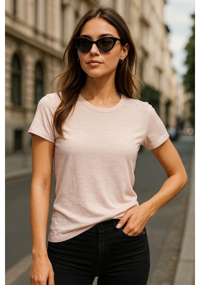 Kadın %100 Organik Pamuklu Relaxed Yıkamalı T-shirt Bisiklet Yaka Kısa Kollu Kadın Basic Tişört Pembe