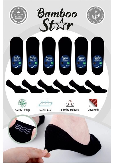 Bamboo Star Bambu Erkek Babet Siyah Çorap Dikişsiz Görünmez Kaydırmaz Topuk Silikonlu Premium 6'lı Siyah Paket