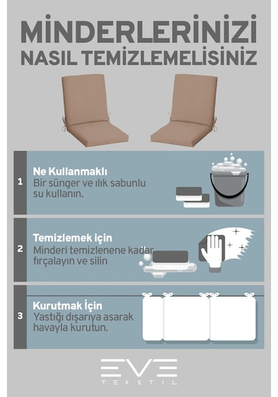 Eve Tekstil Bahçe - Salon - Balkon Arkalıklı Fermuarlı Bağlanabilir Yıkanabilir Sandalye Minderi 8 Adet Açık Kahve