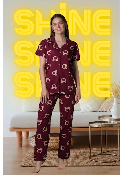 Yazlık Ayıcık Baskılı Kısa Kol Pijama Takımı Yeni Sezon Bordo